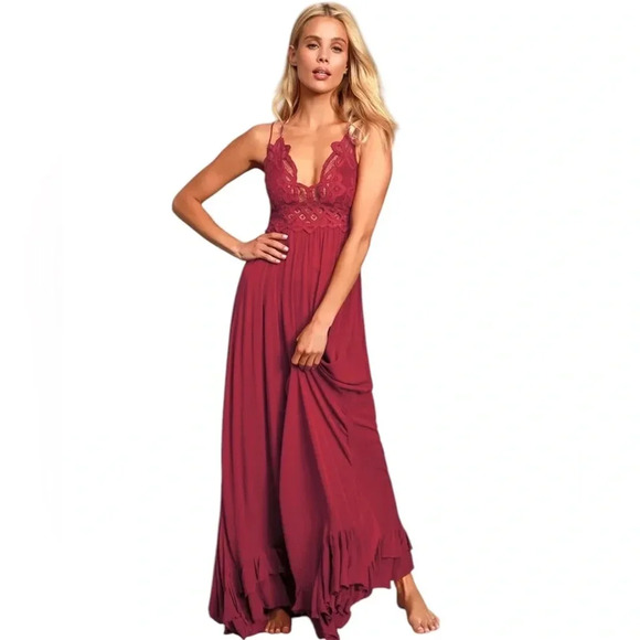 Free People Dresses & Skirts - Free People One Adella Maxi Slip Dress Berry Red Size Lg Boho Lace Twee Coquette